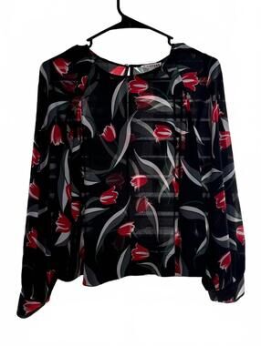 Whistles Tulip Print Bell Cuff Blouse Black Red US 6 UK 10 RRP £109